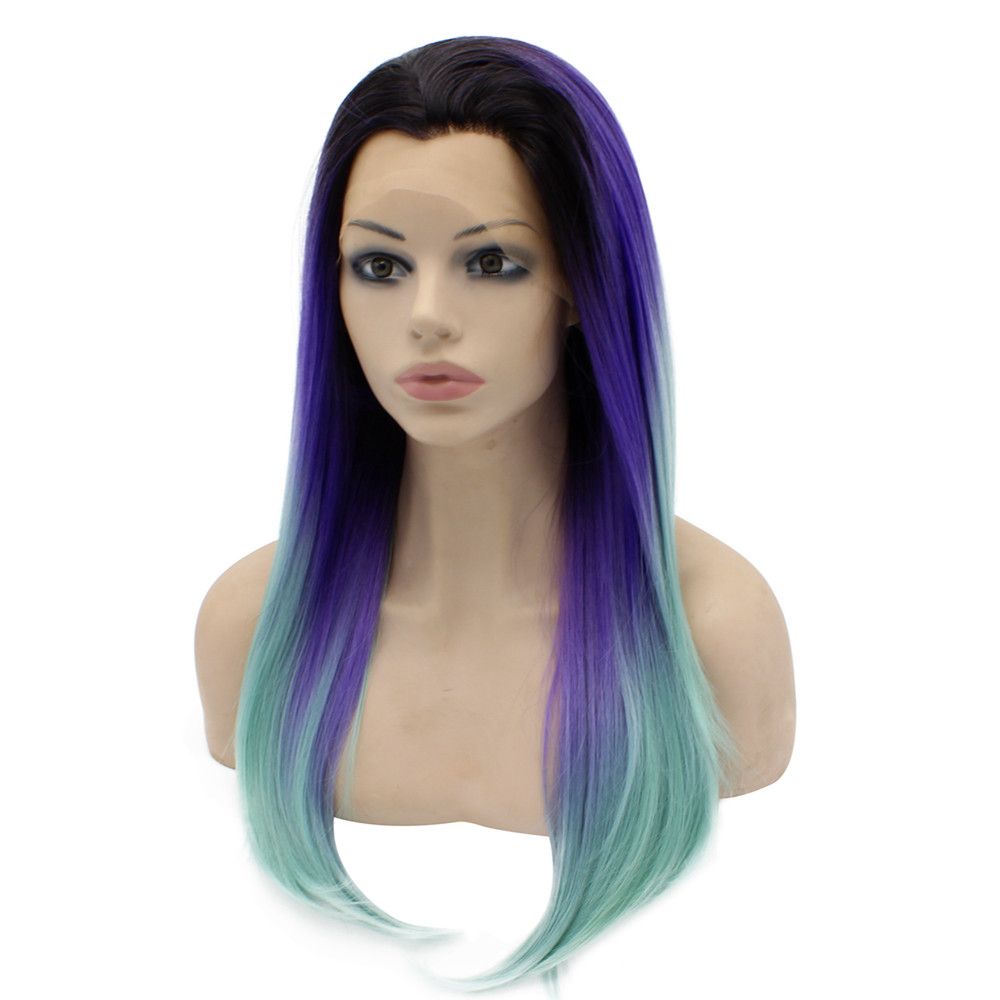 24 Long Ombre Violet Purple Blue Two Tone Silky Straight Half Hand