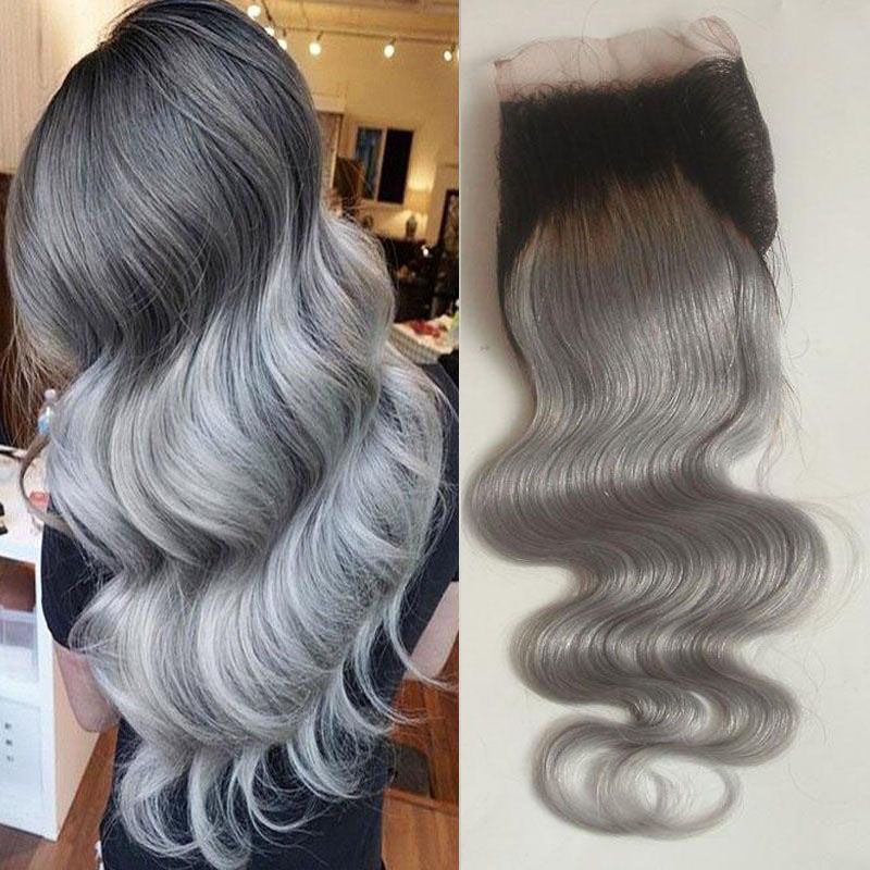 T1b Silver Ombre Human Hair Lace Closure Two Tone Indian Peruvian