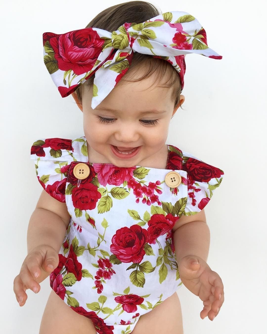 US Newborn Baby Girls Floral Cotton Bodysuit Jumpsuit Headband Outfits 0-24M