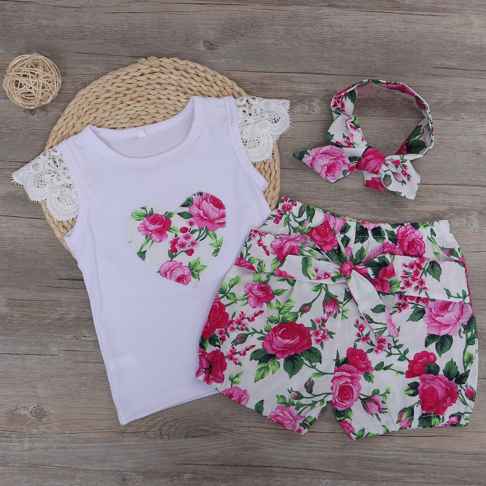 Acquistare Completi Abiti Estivi In \u200b\u200bpizzo Bambini Completi Abiti Estivi  Bimba T Shirt Stampata Con Fiori Baby + Pantaloncini 3 Pezzi Set Bambina  Bambini Vestiti In Cotone Bambini Economico | Consegna Veloce
