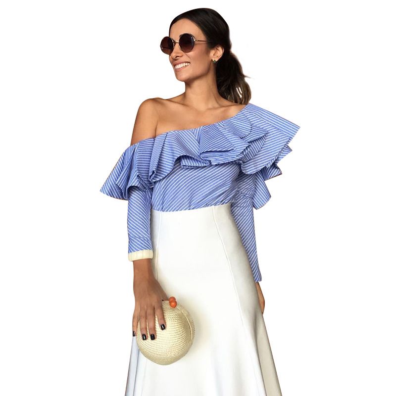 Compre Ropa De Mujer Un Hombro Lotus Leaf Ruffles Blusa Camisa Mujer Tops Otoño Casual Camisa De Rayas Azul Manga Larga Cool Blusa Blusas A 9,88 € Del Hotclothes | DHgate.Com