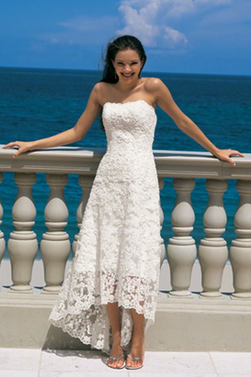 Lace Beach Wedding Dress Sheath/Column Strapless High Low Asymmetrical Backless Zipper Back Vintage Bridal Gowns Lace Beach Wedding Dress Sheath/Column Strapless High Low Asymmetrical Backless Zipper Back Vintage Bridal Gowns