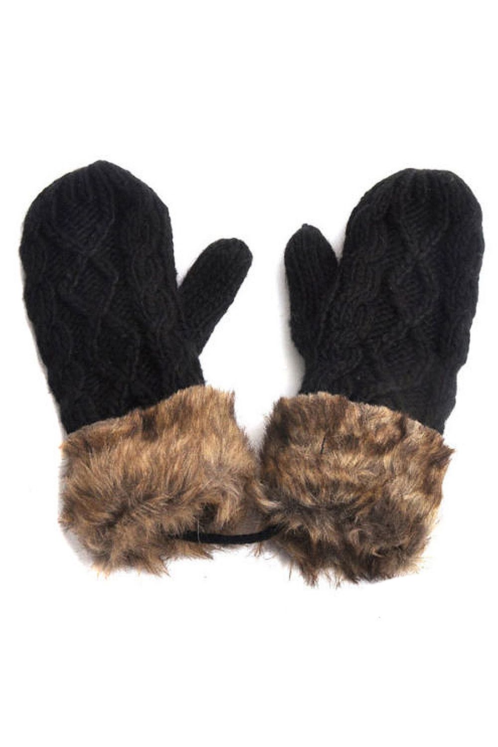 Warm Ladies Rag Wool Winter Snow Mittens Knitted Fleece Lined Fur Gloves-Blac TP