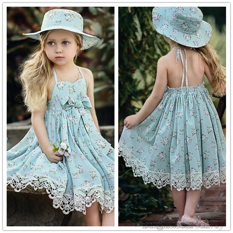 2021 2017 Girls Summer Dresses Kids Floral Bowknot Dress Children Girls