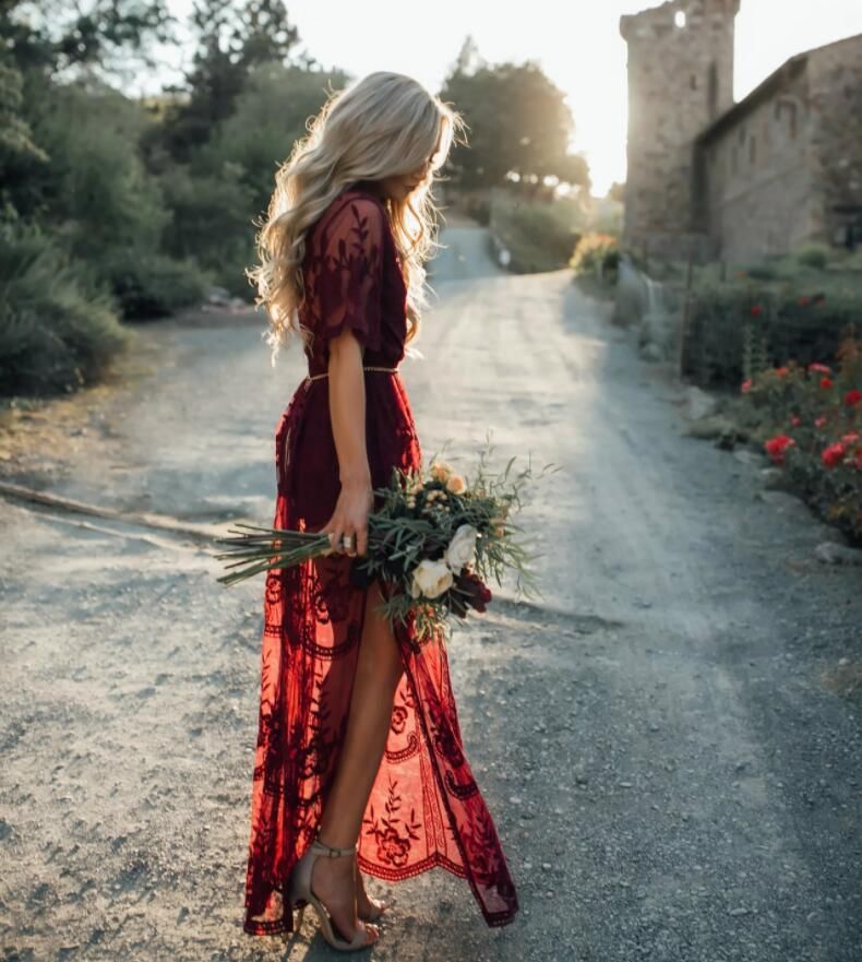 Vestito Da Maglia Con Ricamo A Fiori Rossi Il Vino Abiti Da Spiaggia  Trasparenti Con Decorazioni A Boho A Vita Alta Con Scollo A V Profondo  Donna Da 14,73 € | DHgate Italy