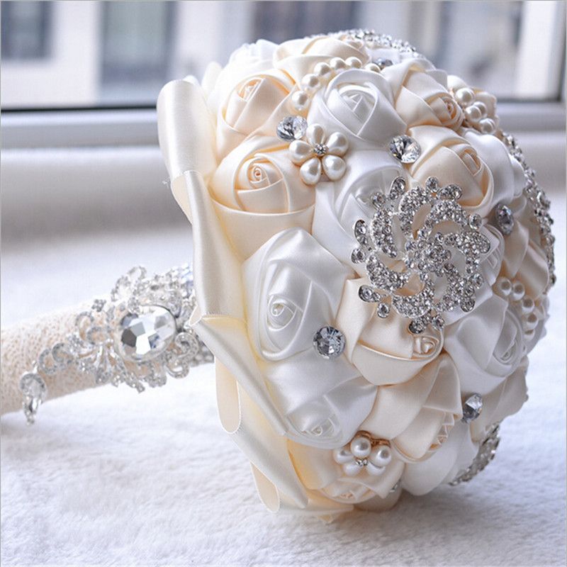 Beauty Handmade Rose Bridal Wedding Flowers Silk Crystal Pearl Brooch Bouquet