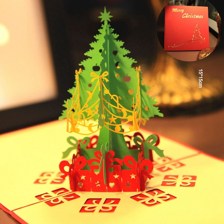 Merry Christmas Tree Vintage 3d Laser Cut Pop Up Paper Handmade Custom Greeting Cards Christmas Gifts Souvenirs Postcards line Greeting Cards line