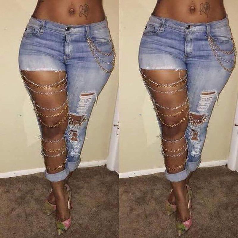 Wholesale- Moda Mujeres Lady Pantalones Jeans Agujero Destruido Rippado Cadena de Denim Pantalones Boyfriend