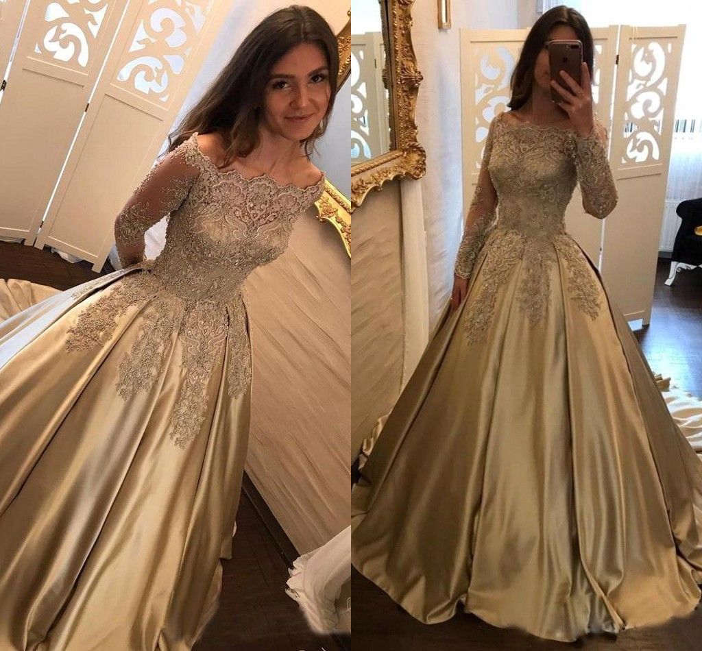 off the shoulder satin prom dress