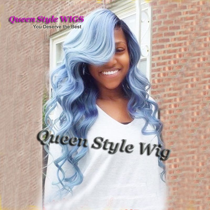 Synthetic Lace Front Wig For Women Light Blue Ombre Hair Dark