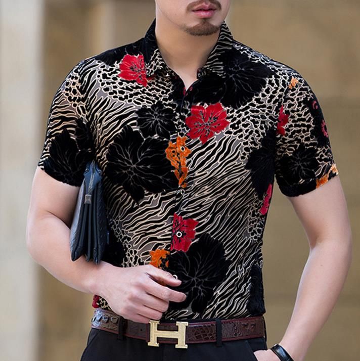 2020 Mens Summer Silk Shirts Flowers Leopard Print Velvet Shirts