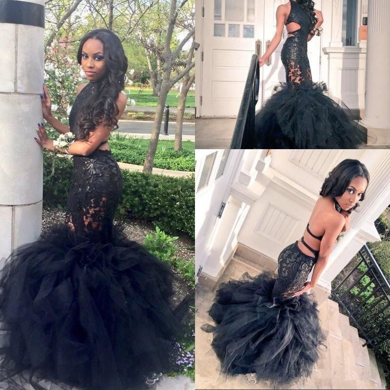 2017 Black Girl Mermaid Lace Prom Dresses Sexy Backless Halter