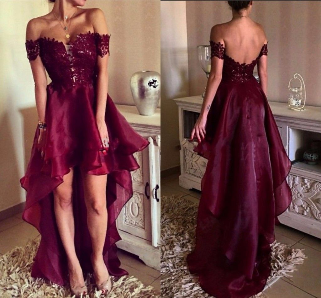 burgundy high low prom dresses