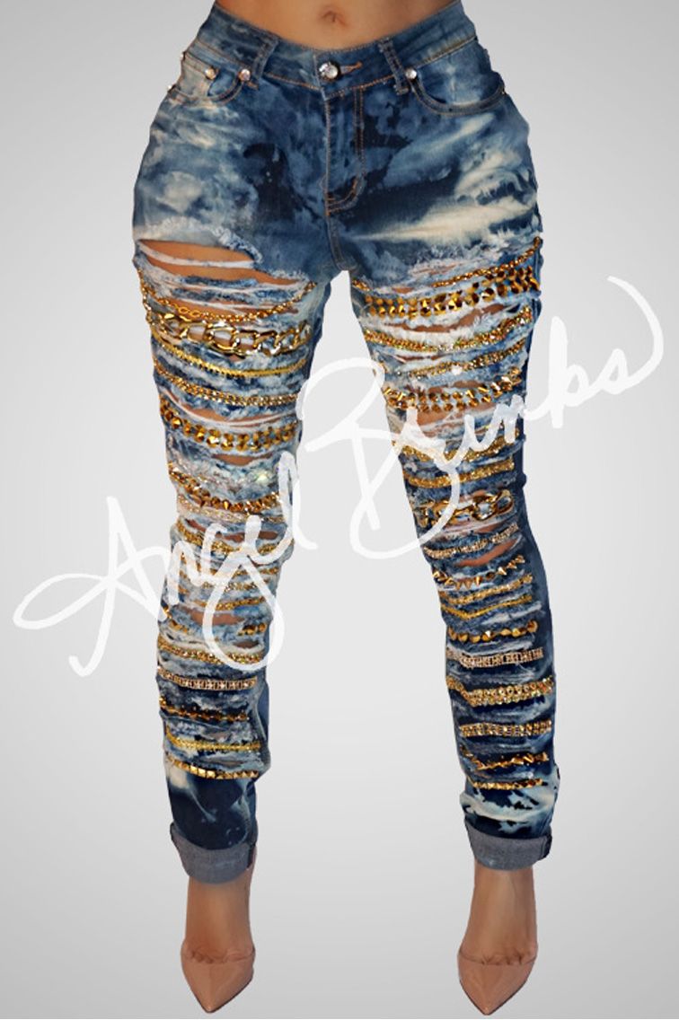 plus size ripped jeans with chains