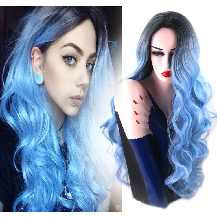 New Long Teal Blue Fashion Black To Blue Ombre Hair Natural