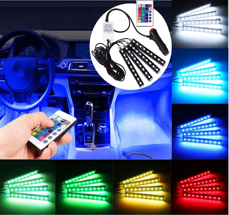 4x Led Strip Light Lamp Smd 5050 Car Interior Decorative Atmosphere Strip Lights 12cm Each 12v Remote Control Color Multicolor Green Led Light