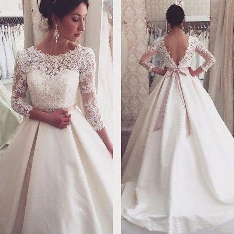Acheter Robes De Mariée Princesse Robe De Noiva De Renda 2019 Robe De Mariée En Satin De Bijoux De Mariage Robe De Mariée Dos Nu Avec Des Manches De