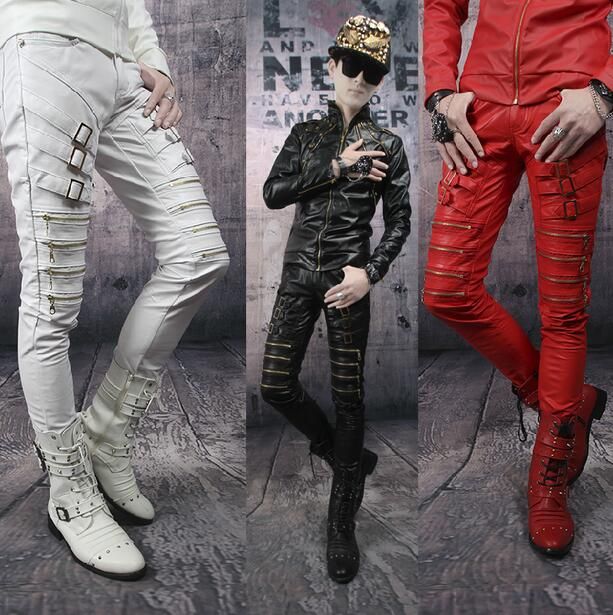 red black and white leather pants