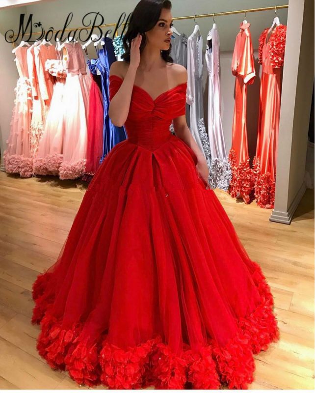 Modabelle Modesto Vestidos de fiesta rojos largos con flores 3D 2018 la princesa del hombro