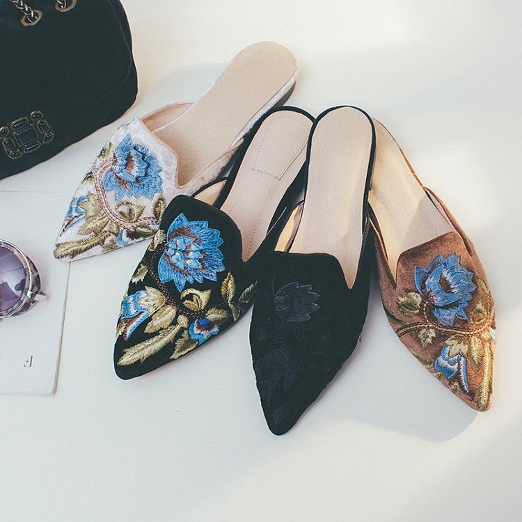 Fashion Pointed Toe Womens Slippers Luxury Design Embroidery Flowers Flats Shoes Outfit Velvet Mia Floral Mules Slipper Shoes High Heels Shoes Green