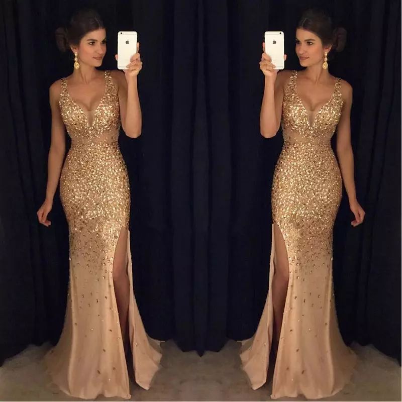 tight gold prom dress