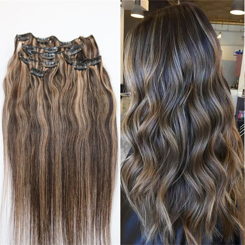 Highlight Clip In Human Hair Extensions Straight Dark Brown With