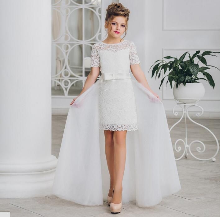 Vestido de dos piezas para niñas primera comunión 2017 Nuevo encaje blanco de tul tren desmontable Vestido de dos piezas para niñas primera comunión 2017 Nuevo encaje blanco de tul tren desmontable