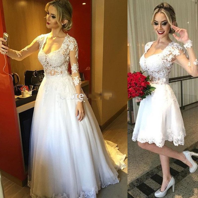 vestido de novia Two Pieces Long Sleeve Beach Wedding Dresses in One Detachable Bridal Gowns with Lace and Pearls Robe de Mariage 2017 vestido de novia Two Pieces Long Sleeve Beach Wedding Dresses in One Detachable Bridal Gowns with Lace and Pearls Robe de Mariage 2017