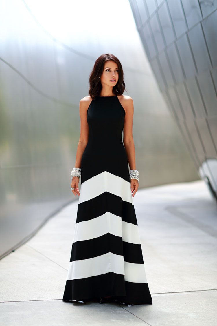 black and white striped ball gown