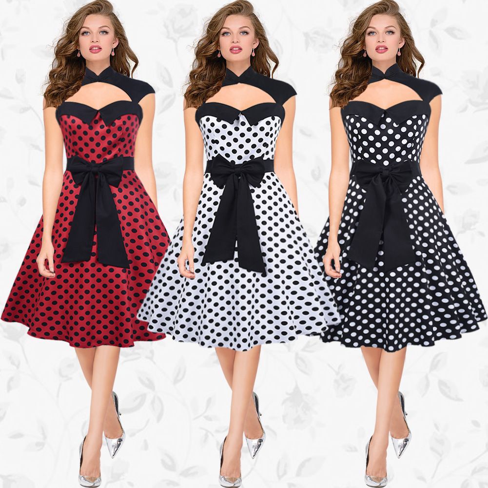 Sexy A Line Dress Large Swing Dresses Halter Patchwork Polka Dot Print ...