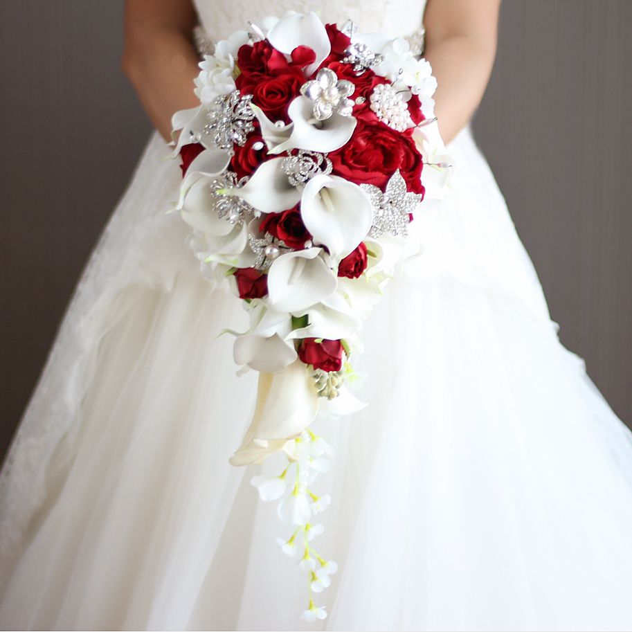 Artificial Pearl And Crystal Bridal Bouquet Ivory Brides Handmade Brooch Bouquet  Noiva Red Cascading Wedding Bouquet Waterfall