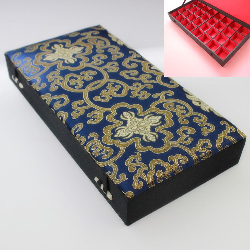2021 High End 32 Grid Silk Brocade Box Wood Multi Slot Jewelry Storage