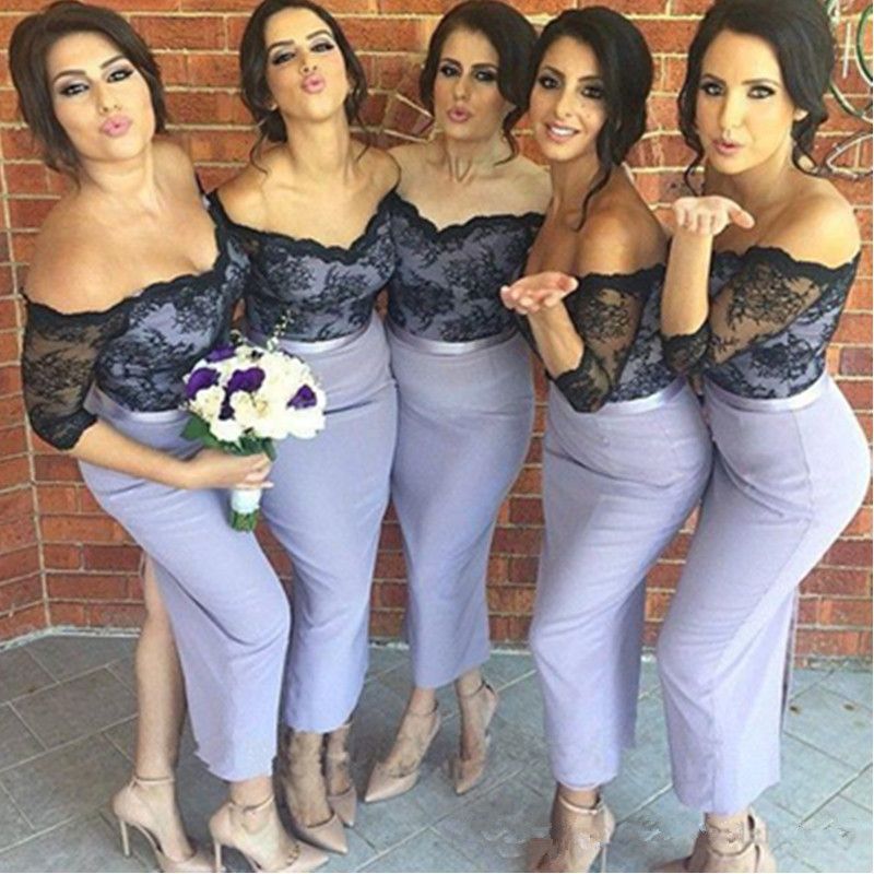 Venta caliente Vestido de de honor corto de lila negro Volver Columna dividida