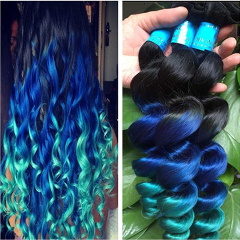 Virgin 9a 1b Blue Green Human Hair Weft Dark Root Loose Wave Hair