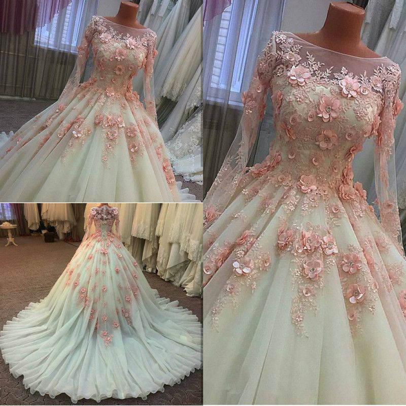 Beaded 3D Floral Appliques Ball Gown Wedding Dresses Long Sleeve ...