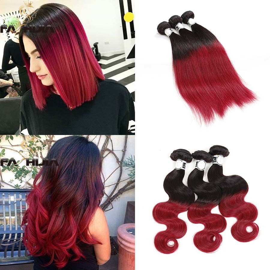 Bright Vibrant Red Ombre Virgin Human Hair Weave Silk Brazilian