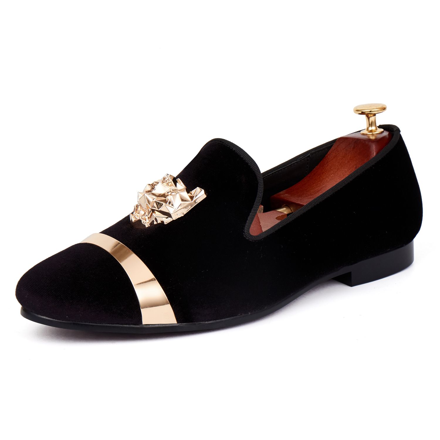 black flat shoes with gold buckle