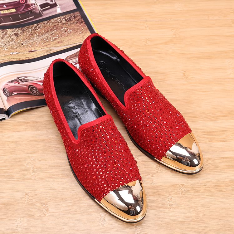 Shinny Men Gold Rhinestone Genuine Leater Flat Metal Toe Crystal ...