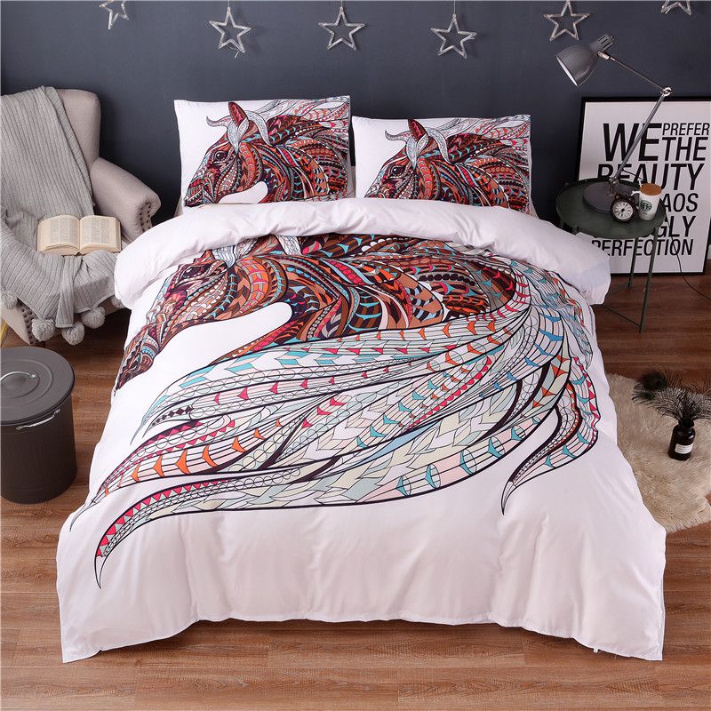 Colorful Horse Printing Abstract Bedding Set White Duvet Cover Set