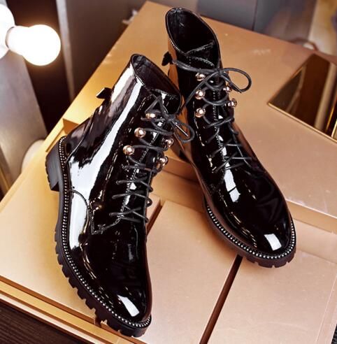 Patent Leather Boots Women Lace 