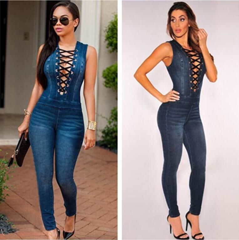 lace up denim jumpsuit