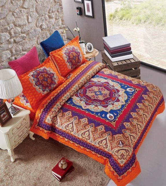 Microfiber Fabric Orange Tone Boho Style Double Bedding Set Euro