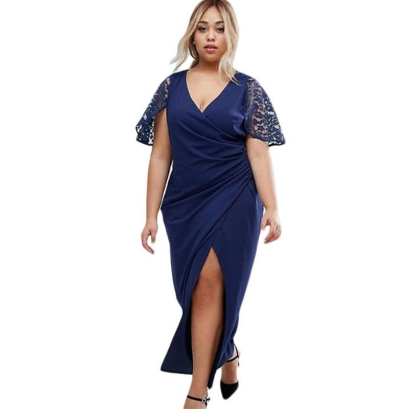 Summer Maxi Dress Plus Size Women Clothing 2017 Wrap Front Navy Blue Lace Sleeve Slit Sexy Casual Dresses Large H61439 From Amyshop8, $37.89 | DHgate.Com