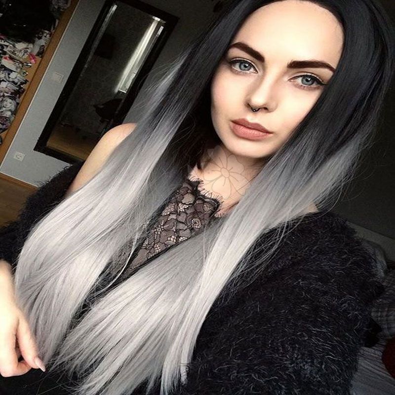 Fashion Silky Straight Ombre Grey Synthetic Lace Front Wig