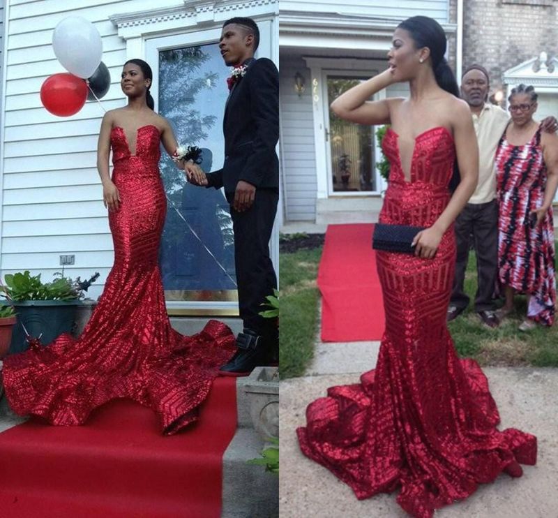 red prom dress with train