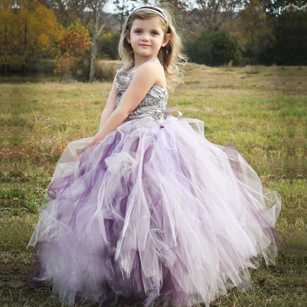 purple and silver flower girl dresses