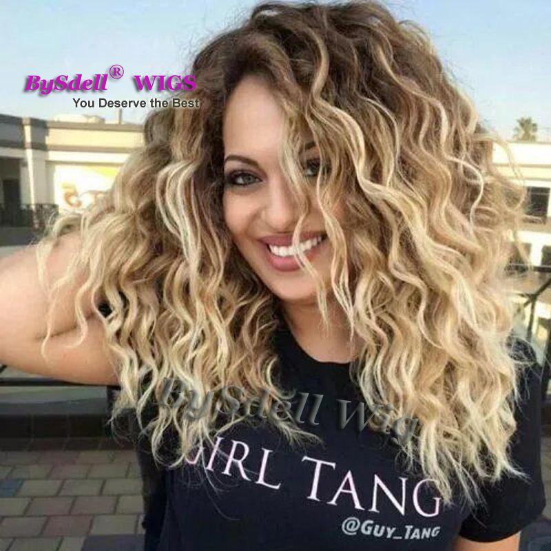 Synthetic Dark Roots Medium Length Water Curly Wavy Hair Wig Kanekalon Fiber Hair Ash Platinum Blonde Tip Shade Color Perucas Canada 2019 From