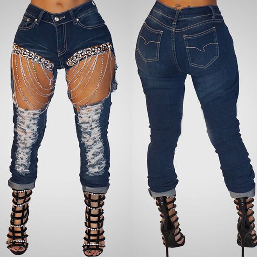 plus size ripped jeans with chains