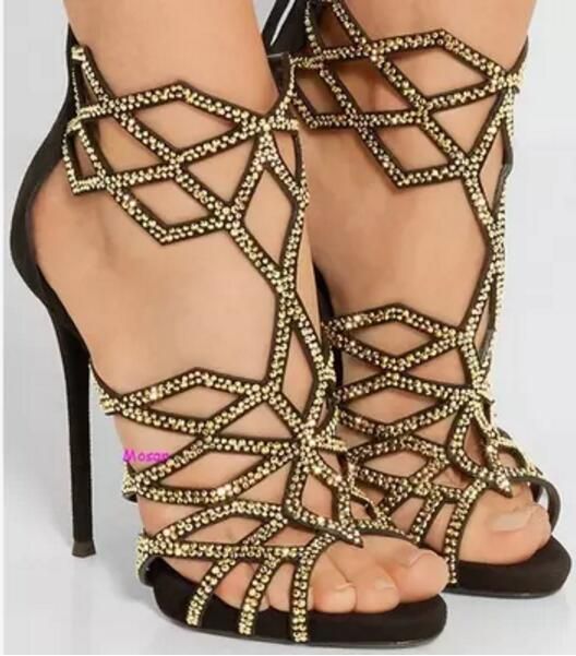 2017 Summer Women Gold Rhinestone Sandals Sexy Ankle Strap Gladiator Sandals Thin Heel Cuts Out
