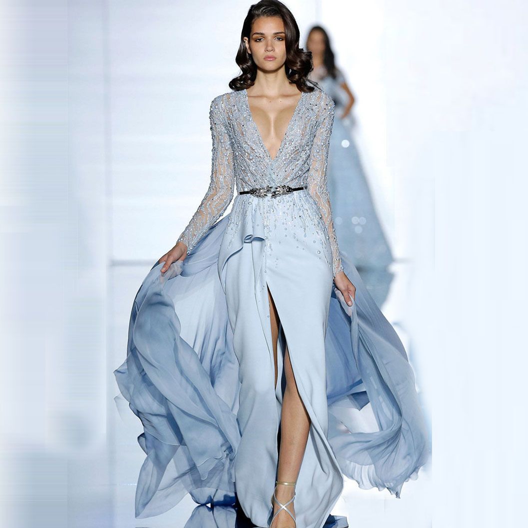 Light Blue Sexy Slit Evening Dresses 